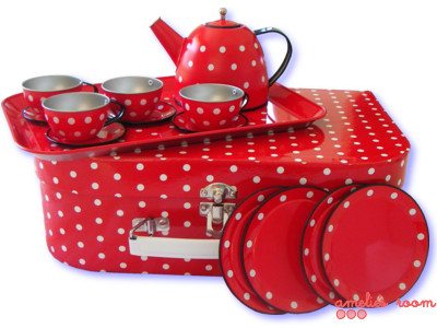 red polkadot tin tea set